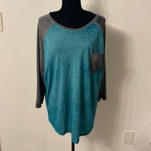 Teal & Gray Danskin Now 3/4 Sleeve Heather Soft Baseball Tee Size 2X (18W-20W)